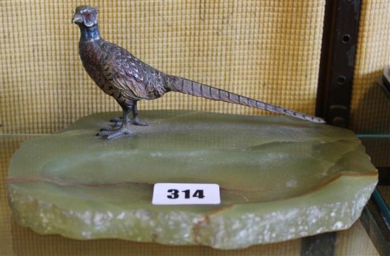 Viennese cold painted bronze pheasant and green onyx dish